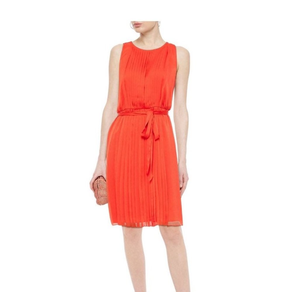 Diane Von Furstenberg Orange Pleated Sleeveless Belted Dress